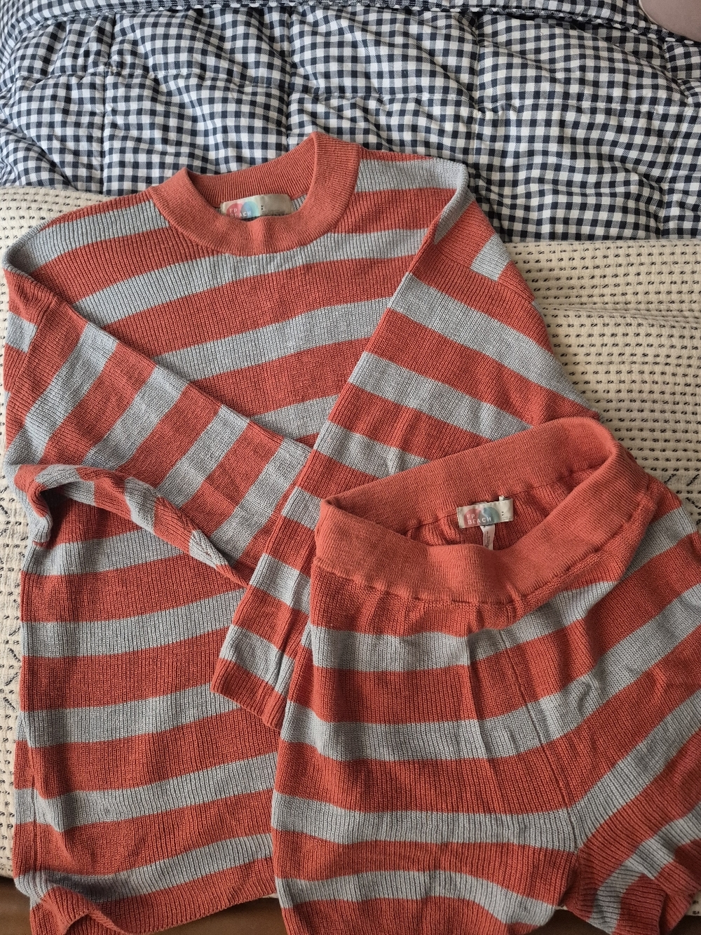 Striped Coral and Gray Crewneck Sweater & Shorts Set